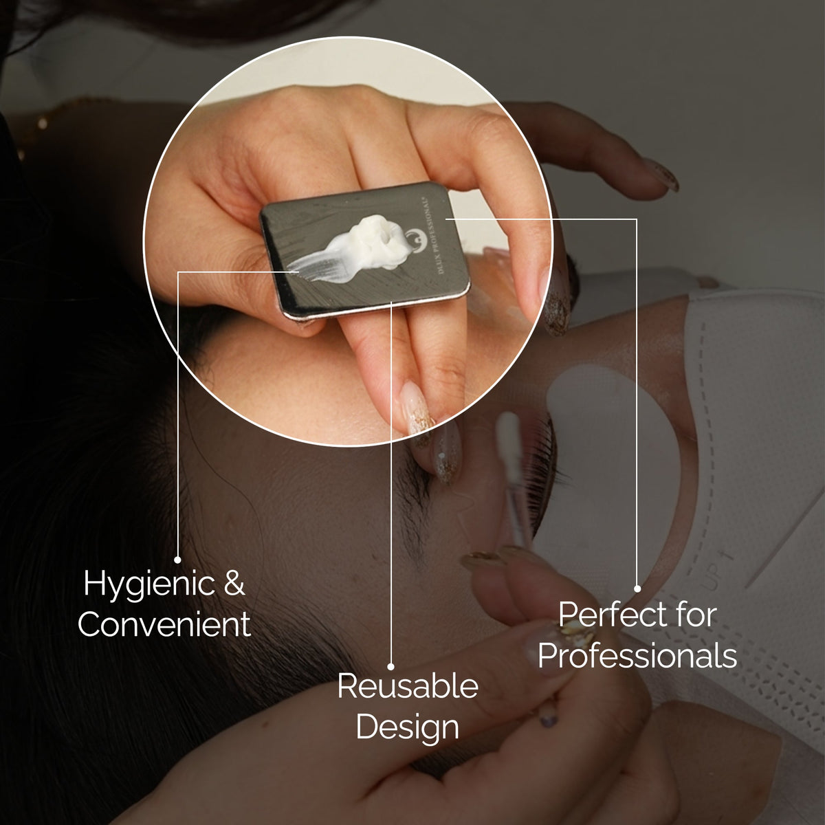DLUX reusable palette held on the hand during a lash treatment