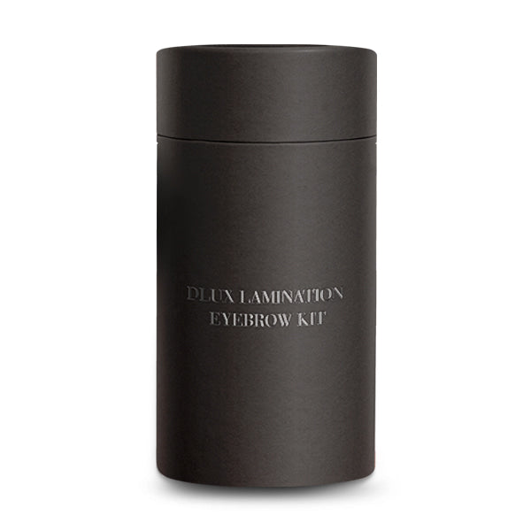 Black cylindrical container with 'DLUX Lamination Eyebrow Kit' text on a white background