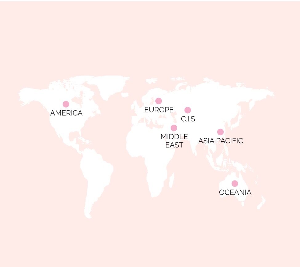 World map with labeled regions on a pink background