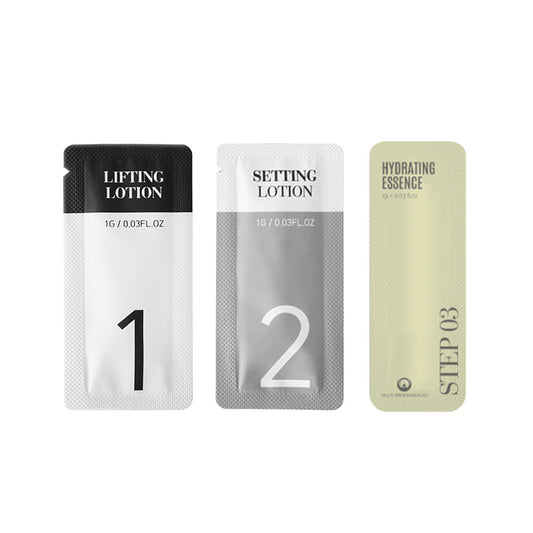 Three lash care product packets labeled 'Lifting Lotion', 'Setting Lotion', and 'Hydrating Essence' on a white background.