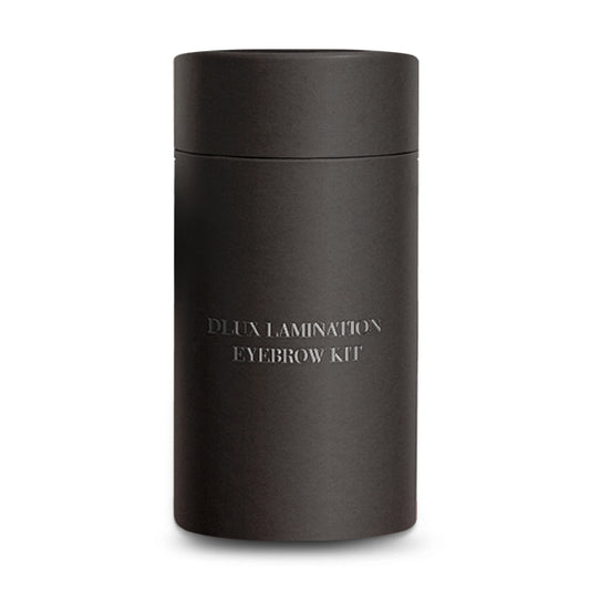 Black cylindrical container with 'DLUX Lamination Eyebrow Kit' text on a white background