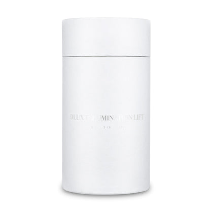 White cylindrical container with 'DLUX' branding on a white background